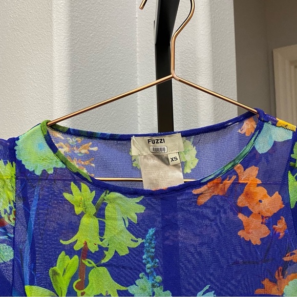Fuzzi Blue Floral Mesh Print Ruched Dress Size XS Art To Wear Vibrant Stretch - Picture 2 of 4